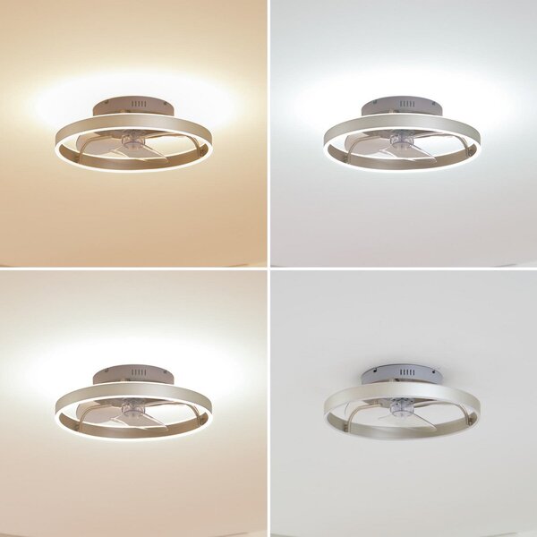 Lindby LED stropni ventilator Momitu, srebrn, tih, Ø 50 cm, zatemnjen, Kovinska, Dnevna soba / jedilnica, Aluminij, Sodobni