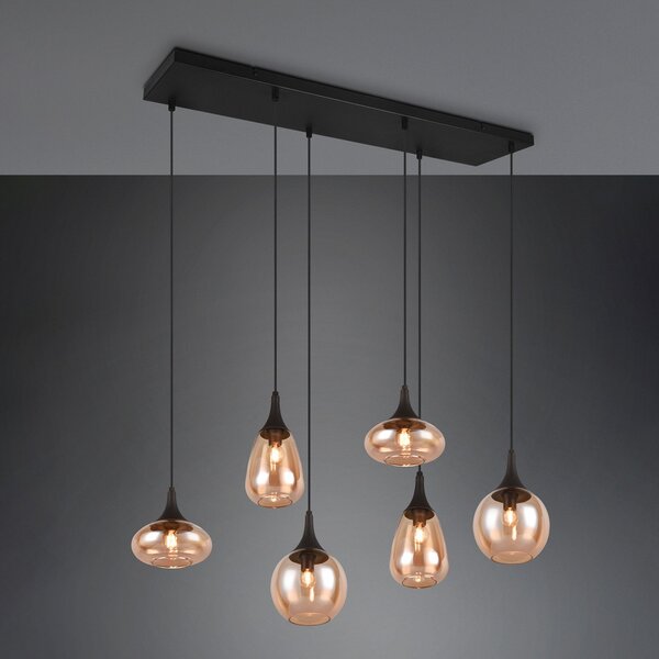 Trio Lighting Obesna svetilka Lumina, 6-svetlobna, črna/jantarna, steklo, zatemnjen, Dnevna soba / jedilnica, Steklo, Sodobni