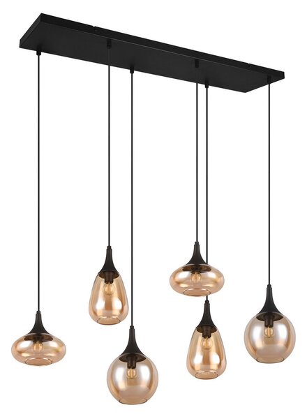 Trio Lighting Obesna svetilka Lumina, 6-svetlobna, črna/jantarna, steklo, zatemnjen, Dnevna soba / jedilnica, Steklo, Sodobni