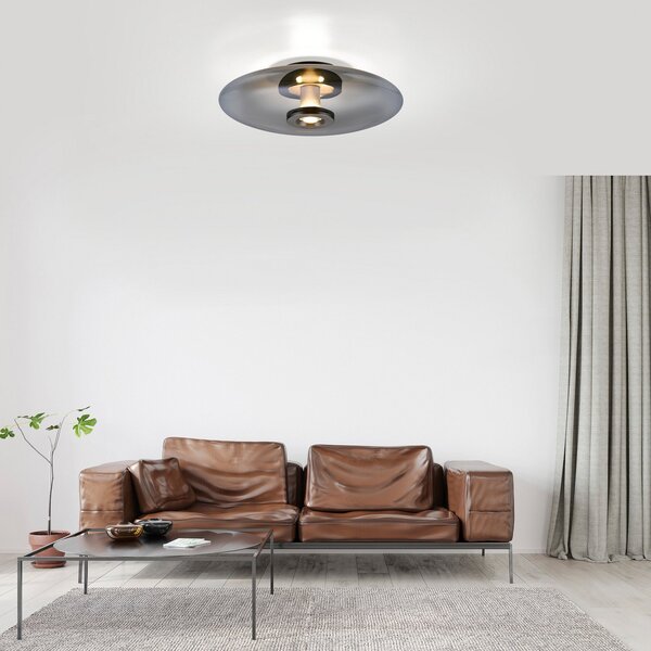 PURE LED-stropna svetilka Vitrum, siva, steklo/aluminij, Ø 45 cm, zatemnjen, Siva, Dnevna soba / jedilnica, Steklo, Sodobni