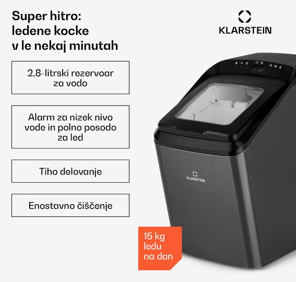 Klarstein Partytime, ledomat, čist led, 15 kg / 24 h, nerjaveče jeklo