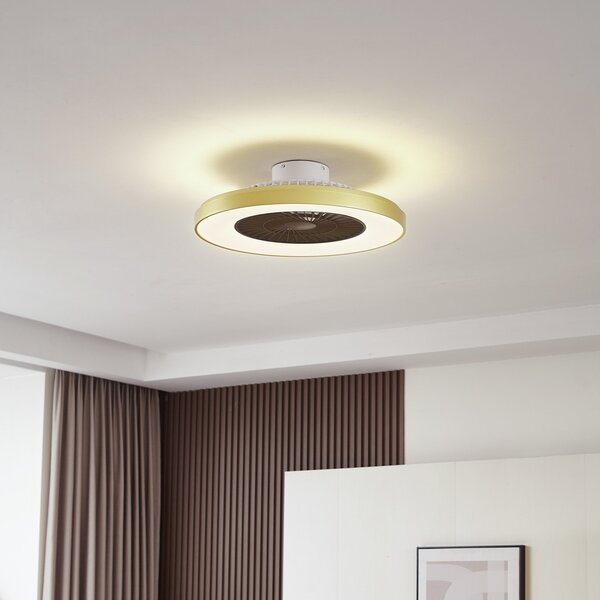Lindby LED stropni ventilator Teleo, medenina, DC, tih, Tuya, zatemnjen, Zlata / medeninasta, Dnevna soba / jedilnica, Plastika, Sodobni