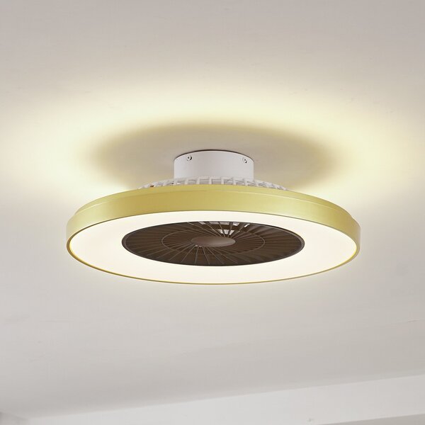 Lindby LED stropni ventilator Teleo, medenina, DC, tih, Tuya, zatemnjen, Zlata / medeninasta, Dnevna soba / jedilnica, Plastika, Sodobni