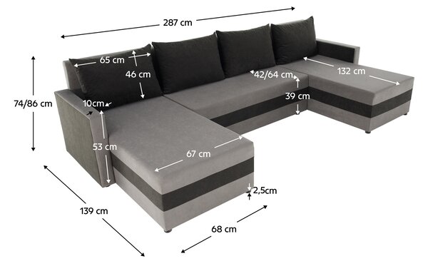 KONDELA Univerzalna sedežna garnitura, sivo/črna, PAULITA U