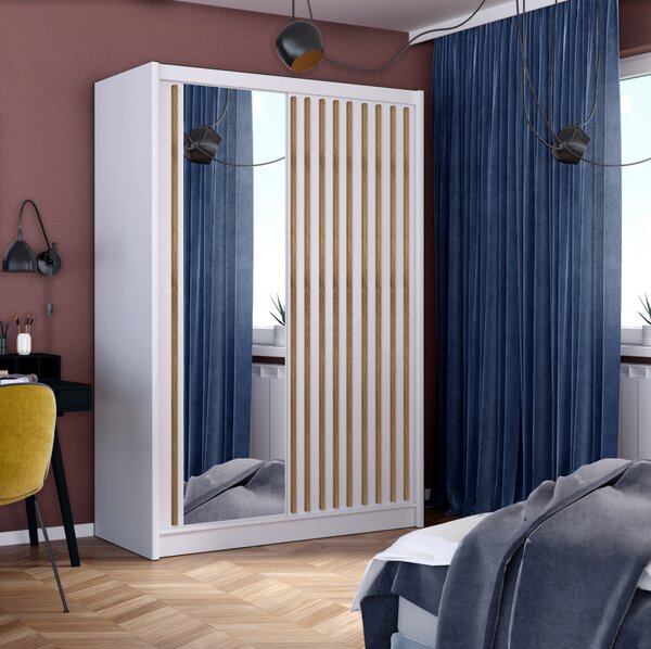 KONDELA Garderobna omara z drsnimi vrati, bela/hrast craft, 150x215 cm, LADDER