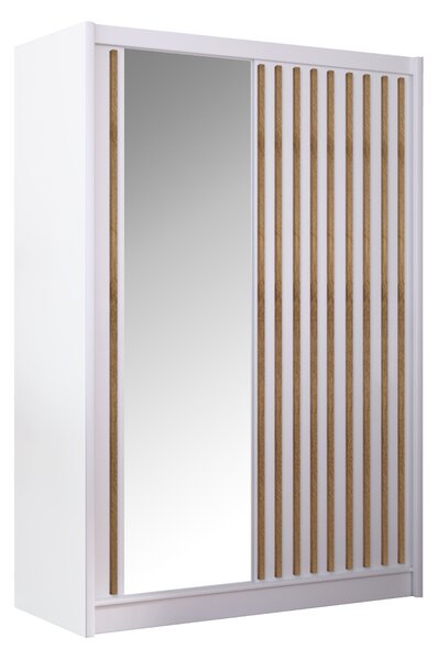 KONDELA Garderobna omara z drsnimi vrati, bela/hrast craft, 150x215 cm, LADDER
