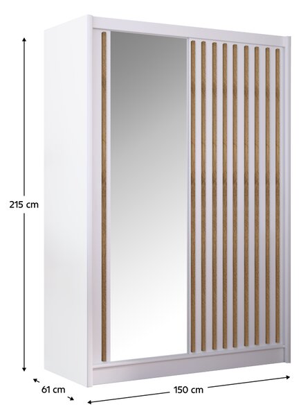 KONDELA Garderobna omara z drsnimi vrati, bela/hrast craft, 150x215 cm, LADDER