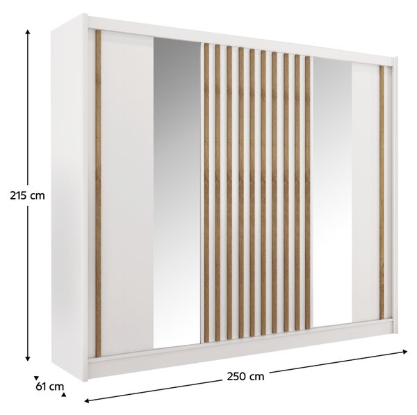 KONDELA Garderobna omara z drsnimi vrati, bela/dub craft, 250x215 cm, LADDER