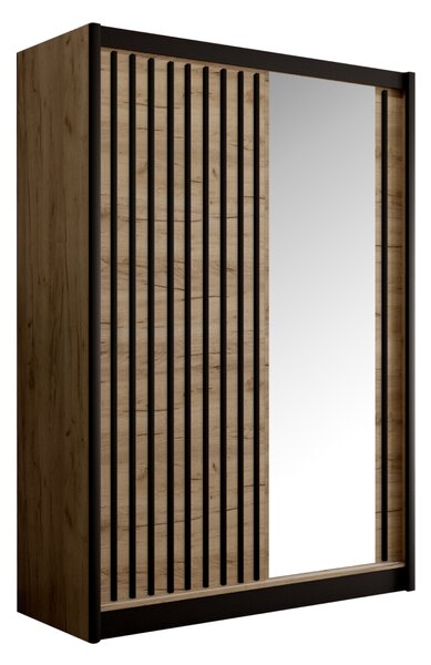KONDELA Garderobna omara z drsnimi vrati, hrast craft/črna, 150x215 cm, LADDER