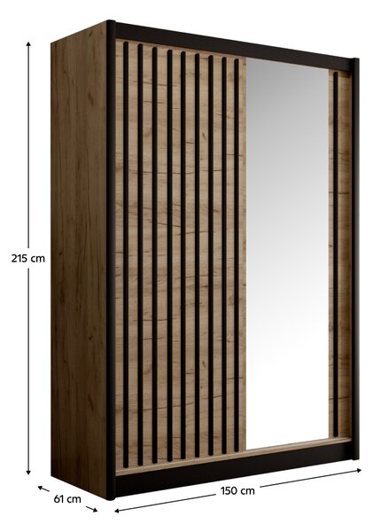 KONDELA Garderobna omara z drsnimi vrati, hrast craft/črna, 150x215 cm, LADDER