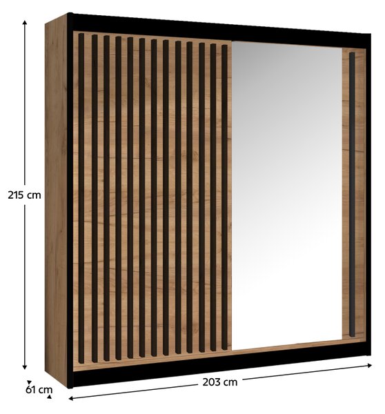 KONDELA Garderobna omara z drsnimi vrati, črna/hrast craft, 203x215 cm, LADDER