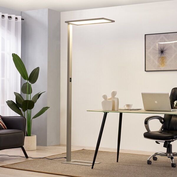 PRIOS Prios LED pisarniška talna svetilka Taronis, srebrna, 195 cm, z možnostjo, zatemnjen, Siva, Študija / pisarna, Aluminij, Sodobni