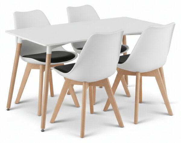 Jedilni set 1 + 4, bela miza ADRIA 120x80 cm + belo-črni stol BALI MARK z bukovimi nogami