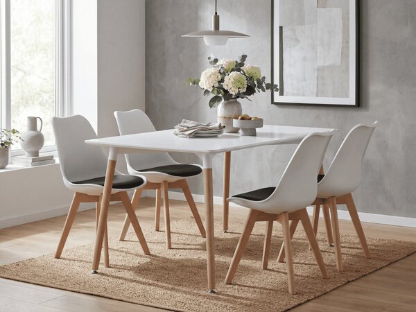 Jedilni set 1 + 4, bela miza ADRIA 120x80 cm + belo-črni stol BALI MARK z bukovimi nogami