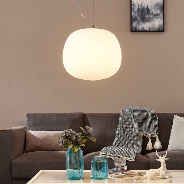 Lindby obesek Ginevra, Ø 38 cm, bela, steklo, E27, zatemnjen, Bela, Kuhinja, Steklo, Sodobni