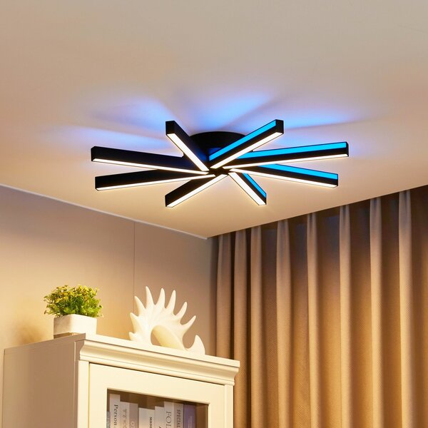 Lucande Smart LED stropna svetilka Tjado, Ø70 cm, črna, RGBW, zatemnjen, Črna, Dnevna soba / jedilnica, Kovina, Sodobni