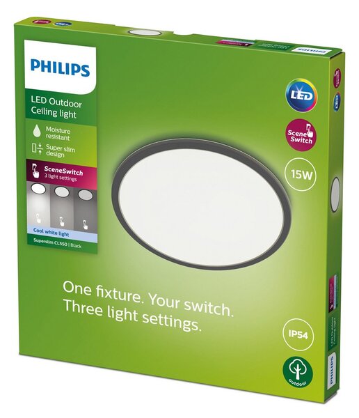 Philips SuperSlim LED IP54 Ø 25cm 4.000K črna, zatemnjen, Črna, Kovina