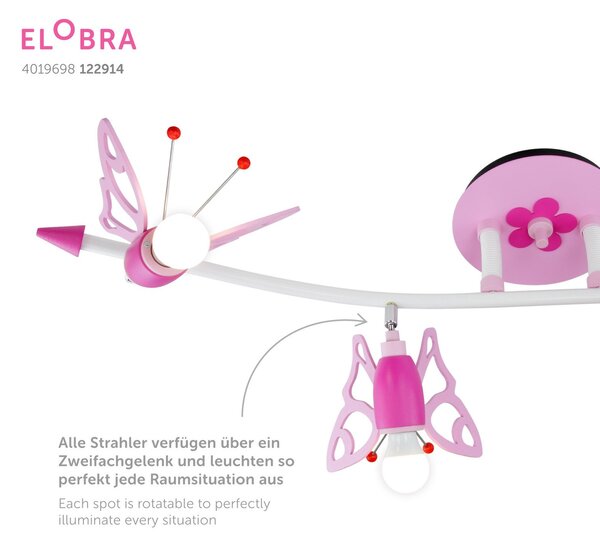 Elobra Stropni reflektor metuljček za otroško sobo, 4-svetlobni, zatemnjen, Roza / rosé, Otroška soba, Les