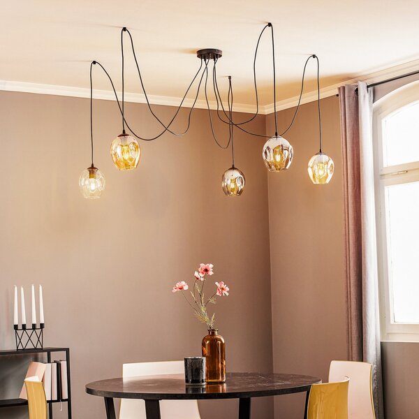 EMIBIG LIGHTING Stropna svetilka Starla, steklo grafit/jantar/prozorno, 5-kraka,, zatemnjen, Črna, Dnevna soba / jedilnica, Steklo, Sodobni