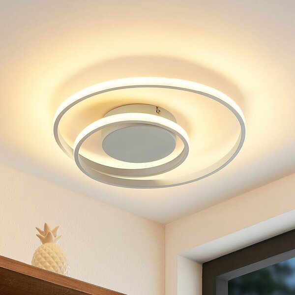 Lindby LED stropna svetilka Emisua, bela, CCT, z možnostjo zatemnitve, zatemnjen, Bela, Dnevna soba / jedilnica, Aluminij, Sodobni