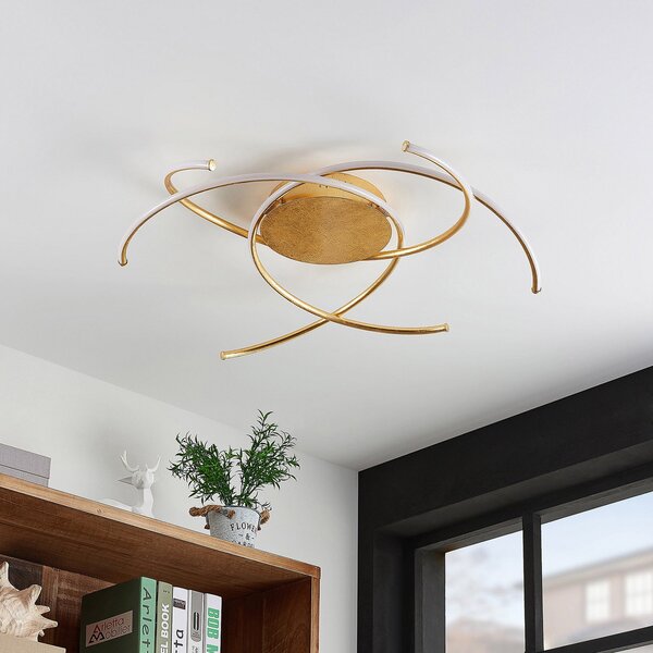 Lindby LED stropna svetilka Yareli, zlata, kovina, Ø 70cm, zatemnjen, Zlata / medeninasta, Dnevna soba / jedilnica, Kovina, Sodobni