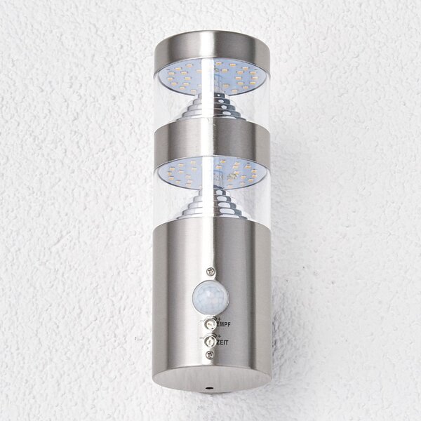Lindby LED zunanja stenska svetilka Lanea, 22 cm, nerjaveče jeklo, senzor, Kovinska, Nerjaveče jeklo, Sodobni