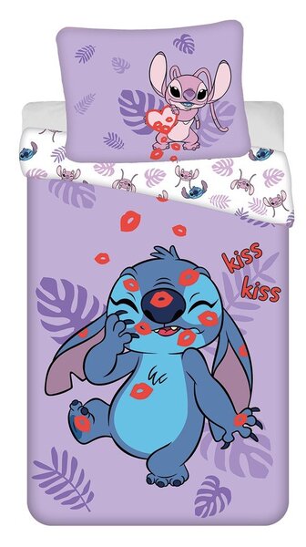 Vijolična enojna bombažna otroška posteljnina 140x200 cm Lilo and Stitch "Kiss" – Jerry Fabrics
