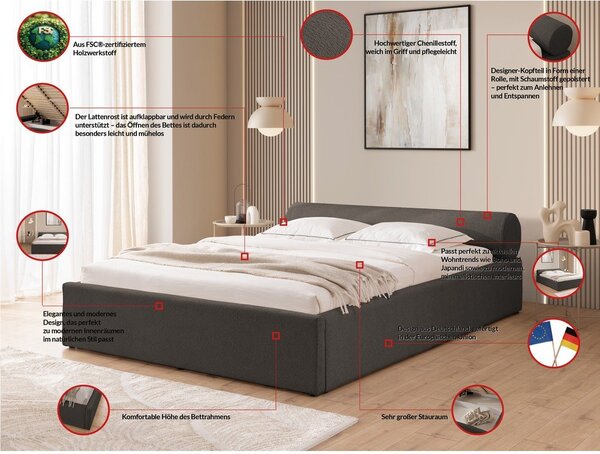 Temno siva oblazinjena zakonska postelja s prostorom za shranjevanje z letvenim dnom 140x200 cm Cille – Ropez