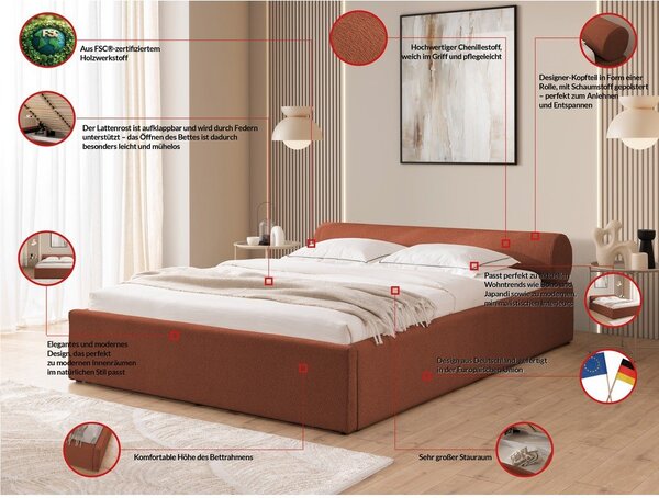Oblazinjena zakonska postelja s prostorom za shranjevanje z letvenim dnom 160x200 cm v barvi terakote Cille – Ropez
