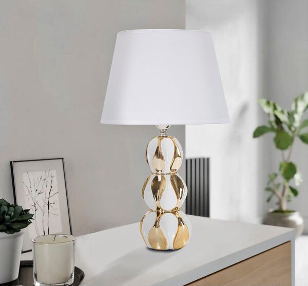 Keramična namizna svetilka s tekstilnim senčilom v zlati in beli barvi (višina 46 cm) Glam Balls – Mauro Ferretti