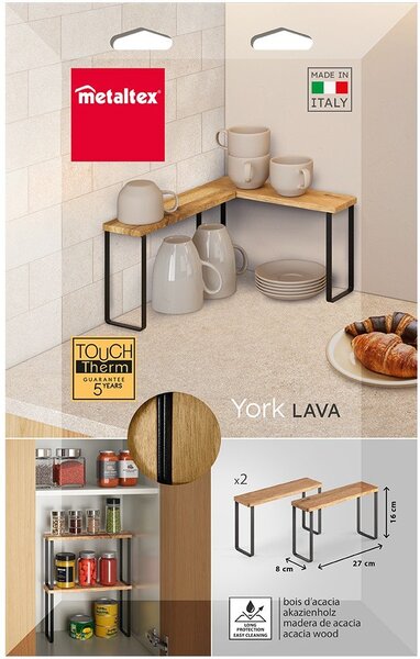 Mat črne/naravne lesene dodatne kuhinjske police v kompletu 2 ks 27x8 cm York – Metaltex