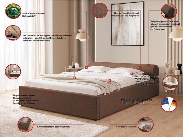 Rjava oblazinjena zakonska postelja s prostorom za shranjevanje z letvenim dnom 160x200 cm Cille – Ropez