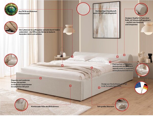 Bež oblazinjena zakonska postelja s prostorom za shranjevanje z letvenim dnom 180x200 cm Cille – Ropez