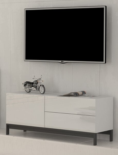 Mobile Porta TV Metis 110 con piedistallo in metallo nero - 1 anta + 2 cassetti - Bianco Lucido