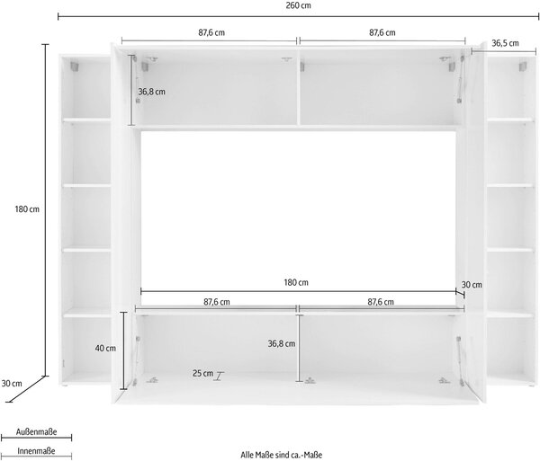 Parete soggiorno Maruska - 260x180x30 - Bianco Lucido