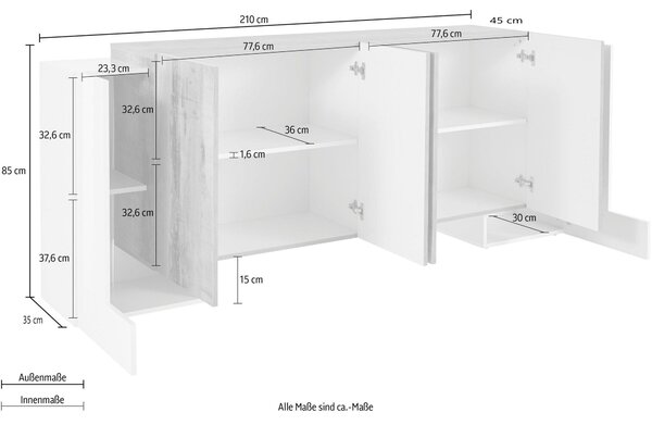 Credenza Pillon 210 - 2+4 ante - Bianco Lucido/Acero Pereira