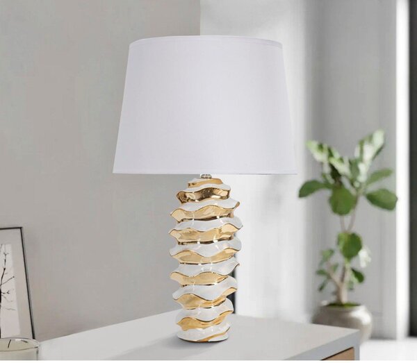 Keramična namizna svetilka s tekstilnim senčilom v zlati in beli barvi (višina 53 cm) Glam Space – Mauro Ferretti