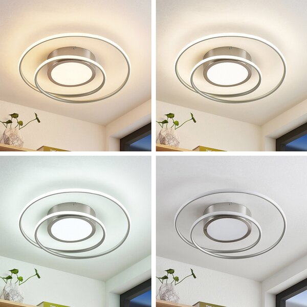 Lindby Bovia LED stropna svetilka, CCT, z možnostjo zatemnitve, nikelj, zatemnjen, Kovinska, Dnevna soba / jedilnica, Aluminij, Sodobni