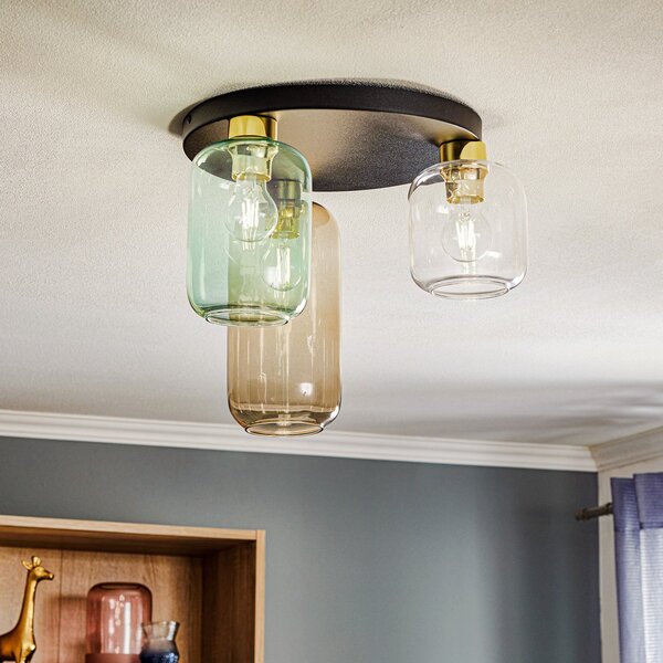 TK Lighting Stropna svetilka Marco Green, 3-krilna, prozorna/zelena/rjava, zatemnjen, Večbarvna, Dnevna soba / jedilnica, Steklo, Sodobni