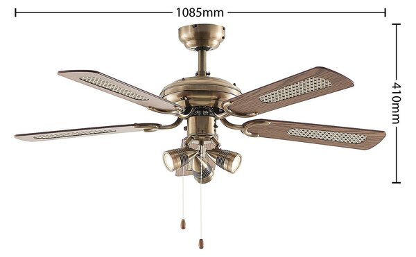 Lindby stropni ventilator z lučjo Anariki, tih, medenina, Zlata / medeninasta, Dnevna soba / jedilnica, Kovina, Podeželska hiša / Rustikalna