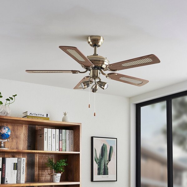 Lindby stropni ventilator z lučjo Anariki, tih, medenina, Zlata / medeninasta, Dnevna soba / jedilnica, Kovina, Podeželska hiša / Rustikalna