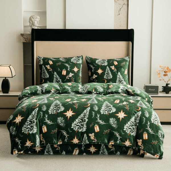Set posteljnine mikropliš GREEN CHRISTMAS zelena + rjuha mikropliš SOFT 90x200 cm bela, enojna postelja