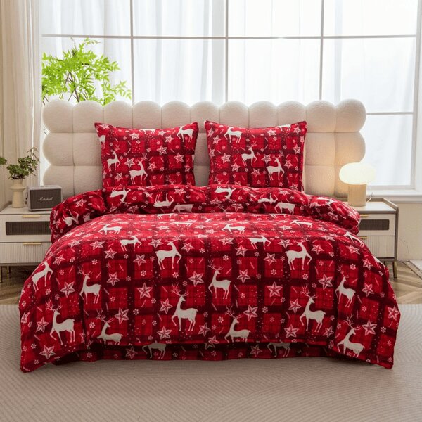 Set posteljnine mikropliš VELVET CHRISTMAS rdeča + rjuha mikropliš SOFT 90x200 cm bela, enojna postelja