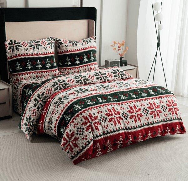 Set posteljnine mikropliš FROSTED CHRISTMAS barvita + rjuha mikropliš SOFT 90x200 cm bela, enojna postelja