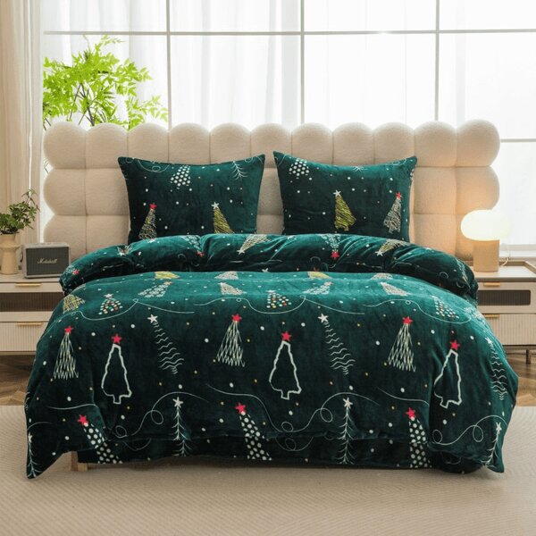 Set posteljnine mikropliš CHRISTMAS DRIFT zelena + rjuha mikropliš SOFT 90x200 cm bela, eno ležišče