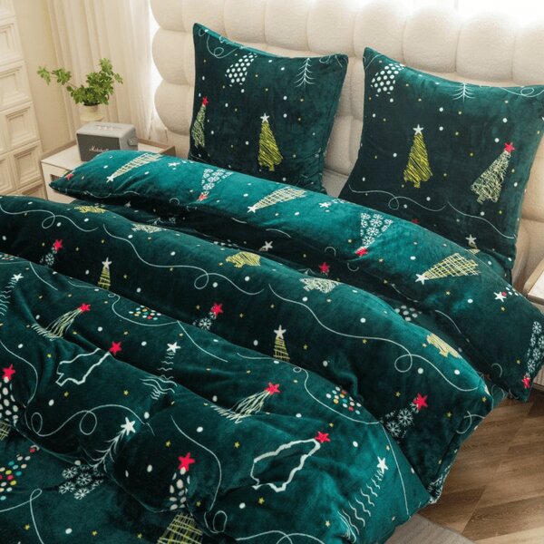 Set posteljnine mikropliš CHRISTMAS DRIFT zelena + rjuha mikropliš SOFT 90x200 cm bela, eno ležišče