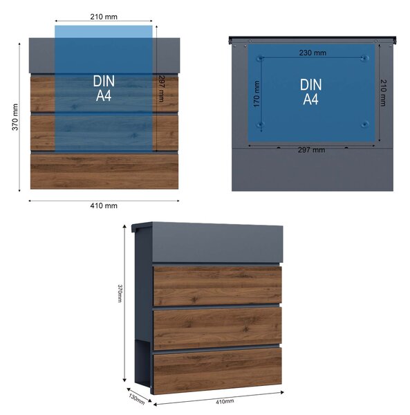 Stenski poštni nabiralnik z režo za časopis antracit + les mehko zapiranje V63