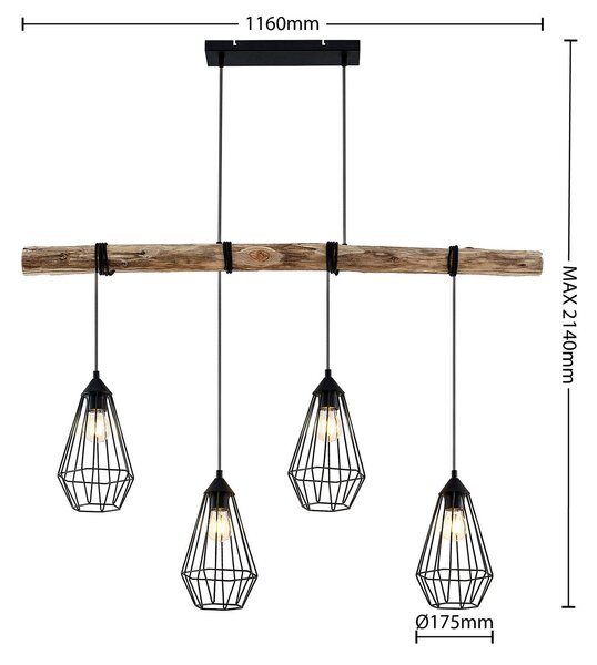 Lindby Obesek Eldarion, 116 cm, 4-svetlobni, les, E27, zatemnjen, Les, Dnevna soba / jedilnica, Kovina, Podeželska hiša / Rustikalna