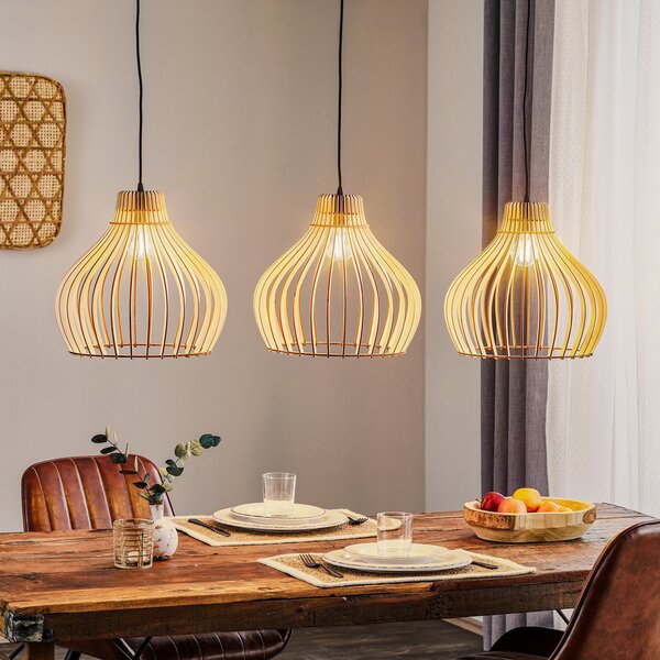 TEMAR LIGHTING Visoka svetilka Barrel z lesenimi senčniki, 3-delna, dolga, zatemnjen, Les, Dnevna soba / jedilnica, Les, Podeželska hiša / Rustikalna