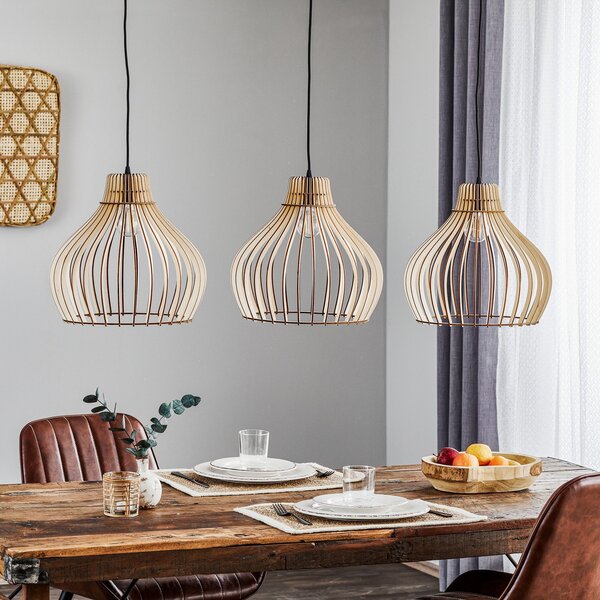 TEMAR LIGHTING Visoka svetilka Barrel z lesenimi senčniki, 3-delna, dolga, zatemnjen, Les, Dnevna soba / jedilnica, Les, Podeželska hiša / Rustikalna